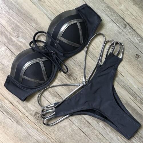 New Sexy Black Bikinis Women Bandage Bikini Set Push-up Padded Bra Swimsuit Suit Swimwear Shiny Bathing Suit Monokini Beachwear