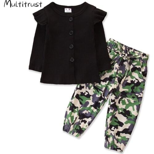 Toddler Girl Clothes Ruffles Long sleeve Solid Color Round Neck Cardigan Top+ Camouflage Bandage Long Pants Trousers Set