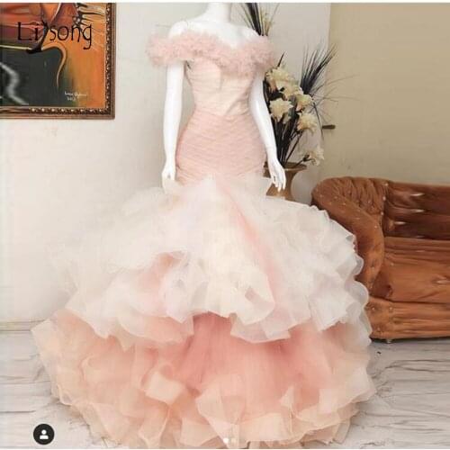 Real Image Peach Pink Ruffles Mermaid Evening Dresses Abendkleider Puffy Ruched Bottom Long Prom Gowns Off The Shoulder