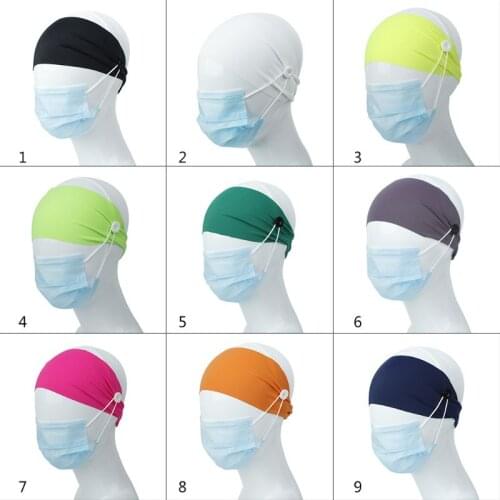 Unisex Sport Headband with Button Mask Holder Solid Color Head Wrap Turban