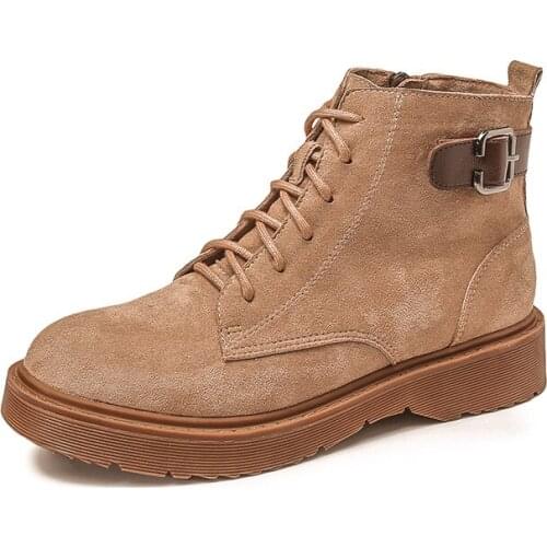 Ankle belt nubuck winter flock boots women lace up oxford platform booties metal buckle ankle boots warm plush botas mujer s428