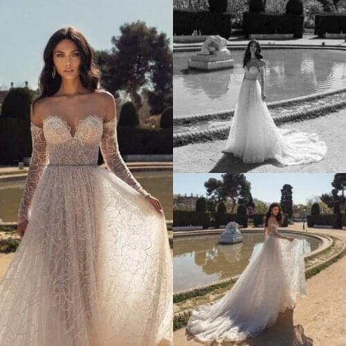 2020 Wedding Dresses Sexy Sweetheart Long Sleeves Lace Appliques Bridal Gowns Backless Sweep Train A Line Wedding Dress