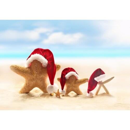 VinylBDS Christmas Photo Studio Backdrop Beach Starfish Santa Claus Hat For Children Photography Christmas Backdrops
