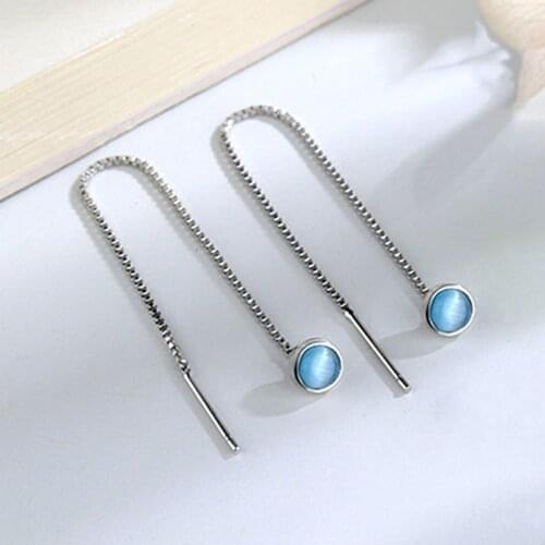 Fashion Womens S925 Silver Plated Platinum Fresh Temperament Blue Opal Personalized Long Earrings E3441