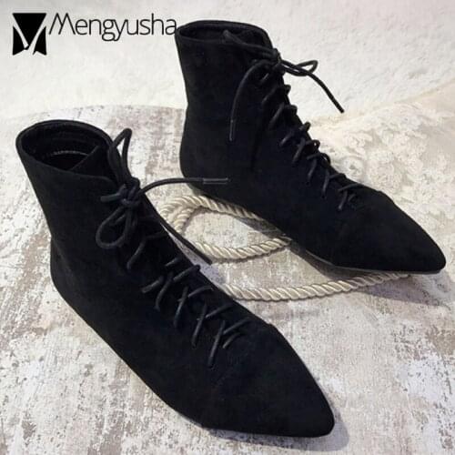 Suede leather ankle boots women pointed toe lace up bottes femme comfy light autumn winter short booties cowboy flat botas mujer