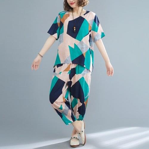 Uego Print Plaid Cotton Linen Women Clothes Sets Loose Top+Wide leg pants Two Pieces Women Casual Set Plus Size Womens Set