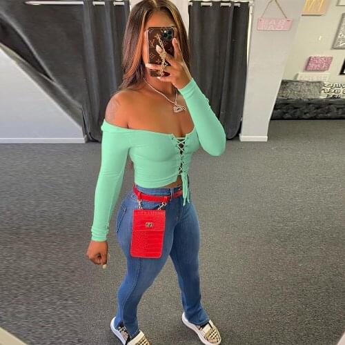 2021 Sweet Girl Off The Shoulder Lace Up Drawstring T-shirts Women Slash Neck Long Sleeve Ribbed Stretchy Slim Fit Cropped Top