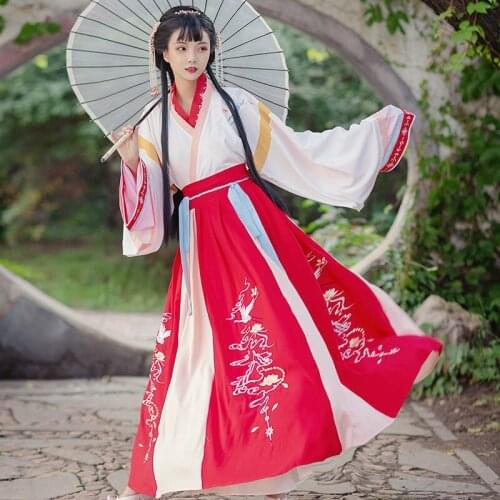 Red Performance Women Costume Summer Autumn New Cross Collar Hanfu Summer New Embroidery Flower Long Sleeve Cosplay Clothes