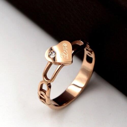 Stainless Steel Heart Rings With Zircon Link Chain Finger Ring For Women Girls Party Jewelry
