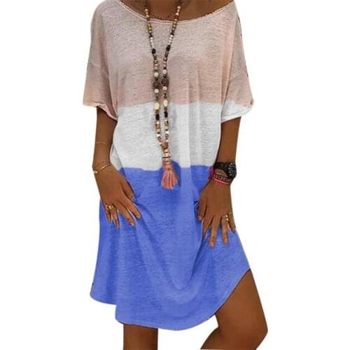 50% Hot Sales Women Casual Summer O Neck Short Sleeve Color Block Loose Knee-length Dress