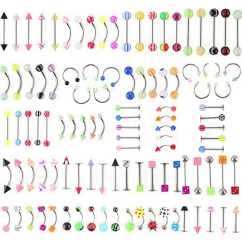 110pcs Acrylic Tongue Piercing Ring Barbell Stud Nipple Rings Ear Cartilage Tragus Bar Stainless Steel Women Body Jewellery Set