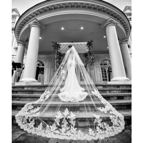 White Ivory Bridal Veils One Layer Lace Applique Cathedral Length 500cm Wedding Veil Velo Accessories Mantilla With Comb Wraps