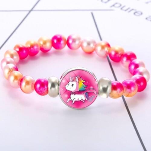 Cute Unicorn Beads Kids Bracelet Kawaii Colorful Horse Dome Cabochon Snap Button Bracelets For Women Girls Jewelry Gifts