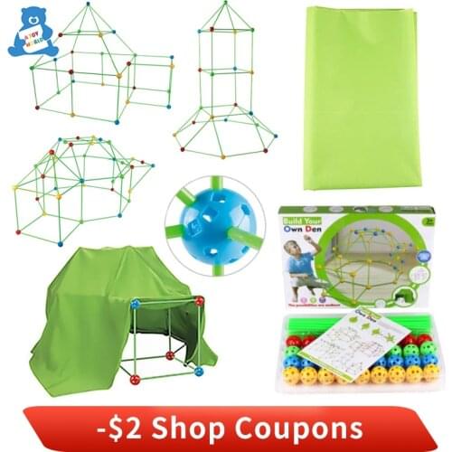 Kids Construction Toys Fort Tent Building Kits DIY 3D Play Tent House Sticks Design Building Tools Assemble Toys Children Gifts