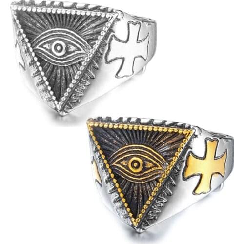 Drop shipping illuminati all seeing evil eye pyramid punk rings 316L Stainless Steel Jewelry Men Boys illumiati ring Eye Ring