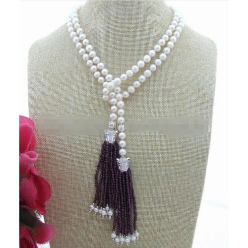 Beautiful 42" 8 mm White Pearl red Garnet Pendant Necklace