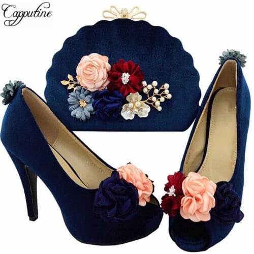 Capputine Dark Blue Color Flowers Woamn Shoes And Bag Set Italian High Heels Shoes And Bag Set For Party Dress Size 38-42 BL0027