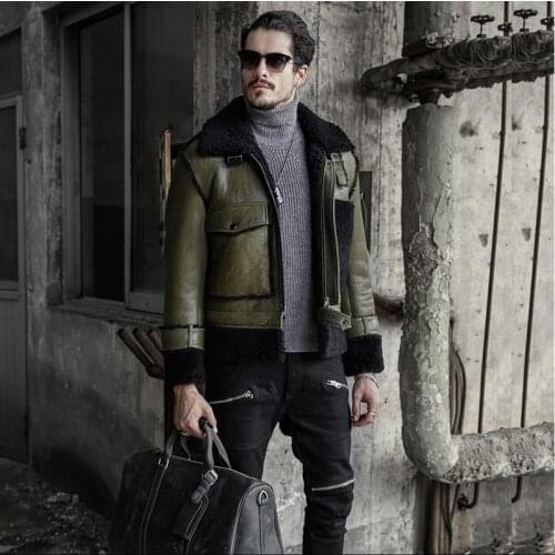 B3 Sheepskin Shearling Jacket Mens Green Color Aviator Motorcycle Jacket Travel Casual Coat Winter Leather Jacket