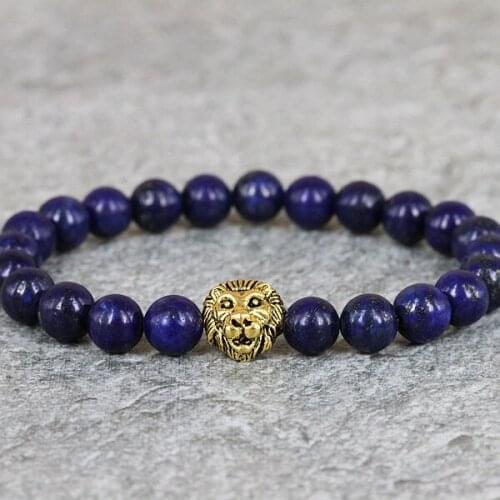 Men Beaded Lapis lazuli Energy Lion Head Bracelet Gem Stone Skull Charm Hand Yoga Jewelry Bracelets For Women Pulseras Mujer