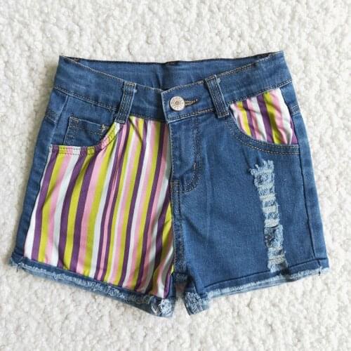 New Arrival Denim Jeans Shorts Colorful Stripe Decoration for Baby Girls Boutique Distressed Shorts Adjustable Belt