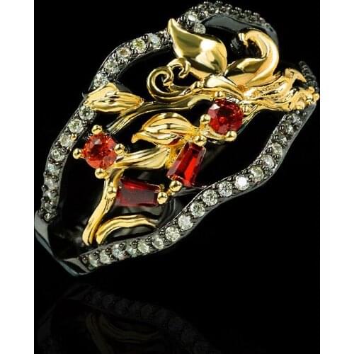 Charm Female Red Crystal Stone Ring Vintage 14KT Black Gold Wedding Ring Luxury Hollow Flower Engagement Rings For Women
