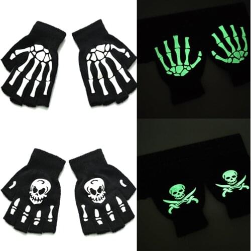 Halloween Unisex Luminous Skeleton Skull Half Finger Gloves Glow In The Dark Fingerless Stretch Knitted Cycling Winter Mittens