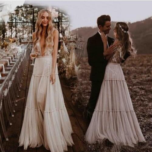 Vintage Bohemian Boho Wedding Dresses Sexy Deep V-Neck Backless Boho Country Style Bridal Gowns Romantic Beach Vestidos De Noiva