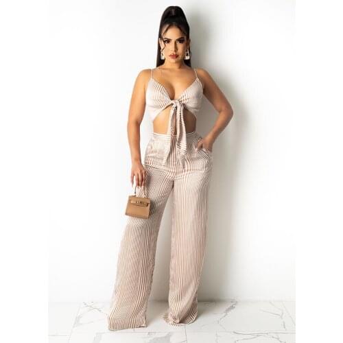 RMSFE 2021 Womens Sleeveless Sexy Temperament Commuter Fashion Vest Versatile Striped Pants Two Piece Set