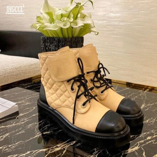 Luxury design new womens cowhide fashion Martin boots trendy girl motorcycle boots thick-soled Velcro laces womens shoes Botas