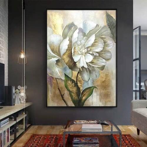 Christmas Gifts Hot Sale Home Decor Wall Art Pictures 1 Pieces White Golden Flower Wall Art Oil Paintings Home Decor Unframed