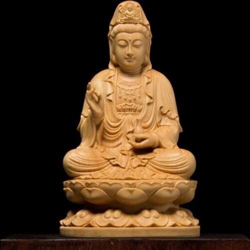 Boxwood 10cm 13cm Guanyin Sculpture Buddhism Wood Sitting Lotus Guan Yin Statue Home Decor