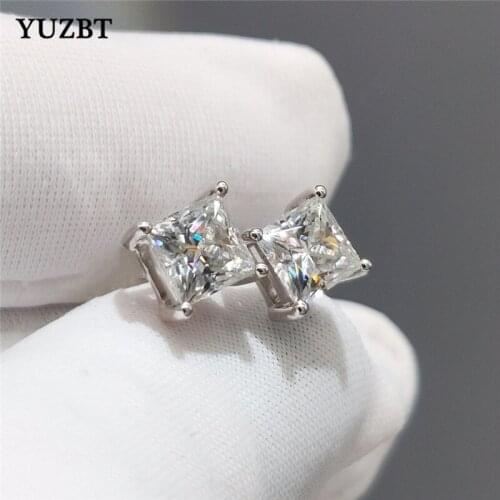 YUZBT 18K White Gold Total 1 ct Brilliant Cut Square Gemstone Diamond Test Past D Color Moissanite Princess Stone Stud Earrings