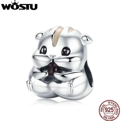 WOSTU 925 Sterling Silver Cute Animal Charm Hamster Beads Fit Original Bracelet Bangle PenBNnt For Women Lovely Jewelry BKC1133