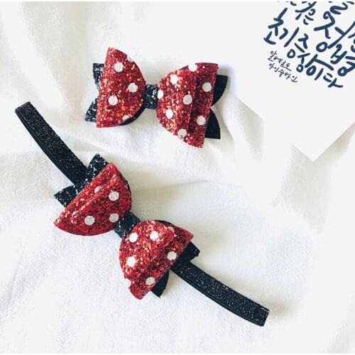 5pc/lot Red and Black Three Layers Artificial Leather Bow Hair Clips White Dot Glitter Felt Elastic Headband Kid Bow Barrette