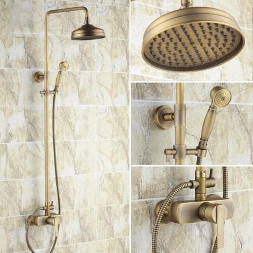 Vintage Retro Antique Brass Single Handle Lever Bathroom 8 Inch Round Rain Shower Faucet Set Mixer Tap Hand Shower mrs173