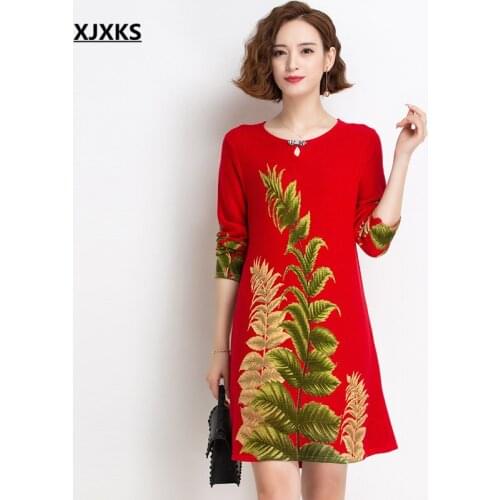 XJXKS 2021 Spring Autumn New Women Long Printed Sweater High Quality Wool Knit Dress Women Pullover