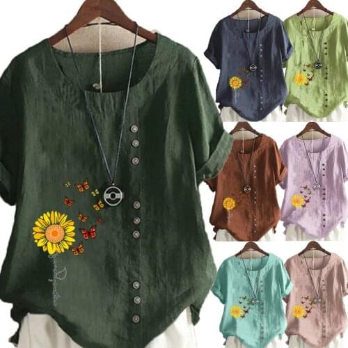 Plus Size Womens Fashion T-shirt Flower Printed Short Sleeve Casual Round Neck Blouse Pullover Tops Ladies Summer Fashion