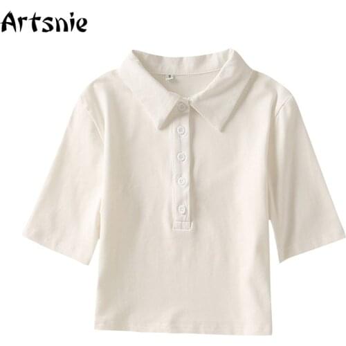 Artsnie vintage white polo t shirt women summer turn down collar short sleeve button crop tops mujer sweet knitted t-shirts tee