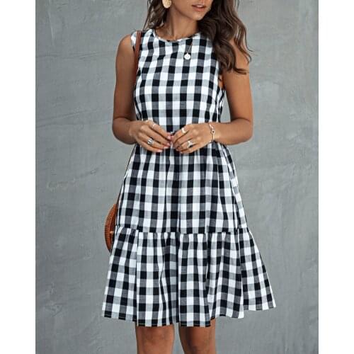 Pocket Plaid Sleeveless Stitching Wide Swing Vest Dress Loose Waist Knee Length Patchwork O Neck Vestido Princess Dress 2XL