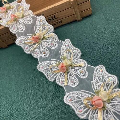 1 Yard 7CM Golden Silk Rose Butterfly Flower Embroidered Appliques Trim Ribbon Fabric Sewing Lace Craft Wedding Dress Decoration