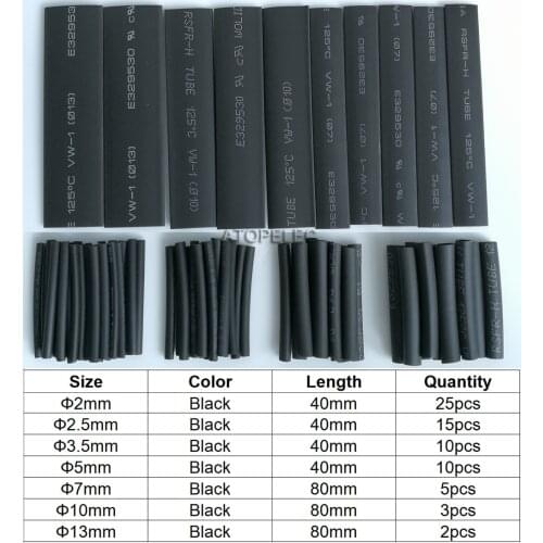 70pcs Set Black Polyolefin 2:1 Heat Shrink Tube Assorted Insulation Shrinkable Cable Sleeve Combo Wrap Wires DIY Kits