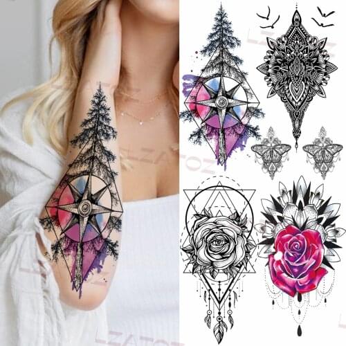 Watercolor Geometry Pine Tree Compass Temporary Tattoos For Women Adult Rose Fake Tattoo Sticker Armband Sexy Disposable Tatoos