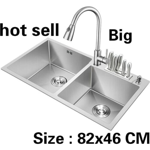 Free shipping Household standard big kitchen manual sink double groove durable 304 stainless steel vogue hot sell 820x460 MM