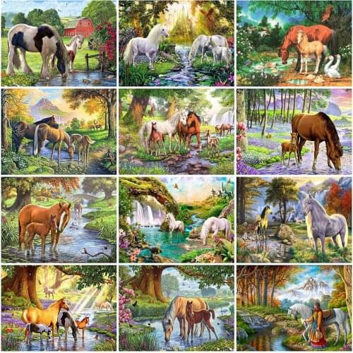 Diamond Mosaic Horse Full Square Round Diamond Painting Lake Cross Stitch Kits Animal Forest Embroidery Wall Art Home Decor