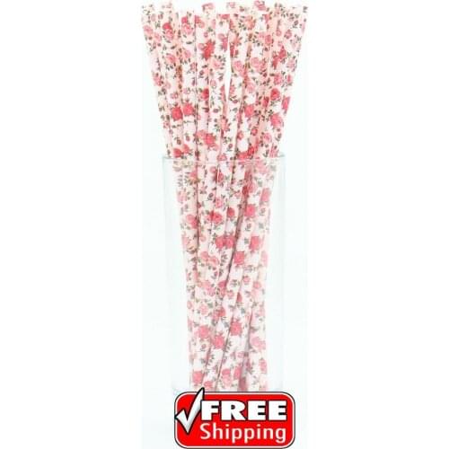 200pcs Red and Pink Floral Paper Straws-Light Pink Flower Paper Drinking Straws-Vintage Wedding Baby Shower GARDEN Party Decor