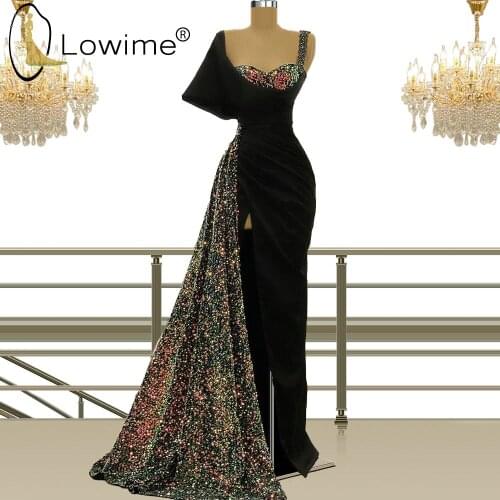 Black Long Mermaid Evening Dresses 2021 Sparkly Sequins Sweetheart Neck Ruched Satin Prom Party Gowns with Slit