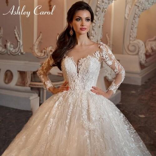 Ashley Carol Lace Ball Gown Wedding Dresses 2021 Long Sleeve Appliques African Luxury Cathedral Wedding Gowns Vestido De Noiva