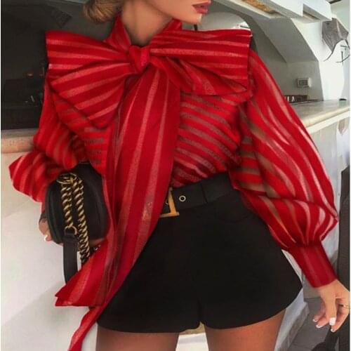 Europe Spring Womens Red Striped Organza Blouses Sexy Perspective Lace-up Bow Mesh Blusas Tops Lantern Sleeve Black Femme Shirt