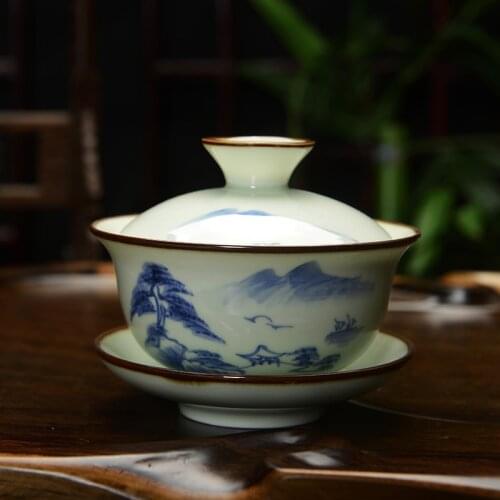 [GRANDNESS] Hand Painted Celadon Gaiwan Kung Fu Gaiwan Porcelain Gaiwan Jingdezhen 150ml Gaiwan Tea Set Kung Fu Teapot