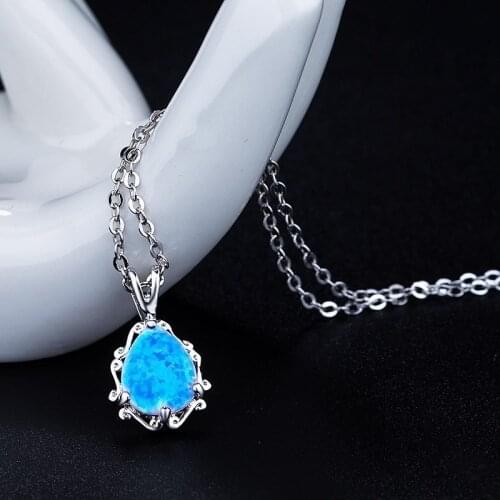 Classic Elegant Drop-shaped Blue Fire Opal Pendant necklace Statement Jewelry girls Birthday Gift